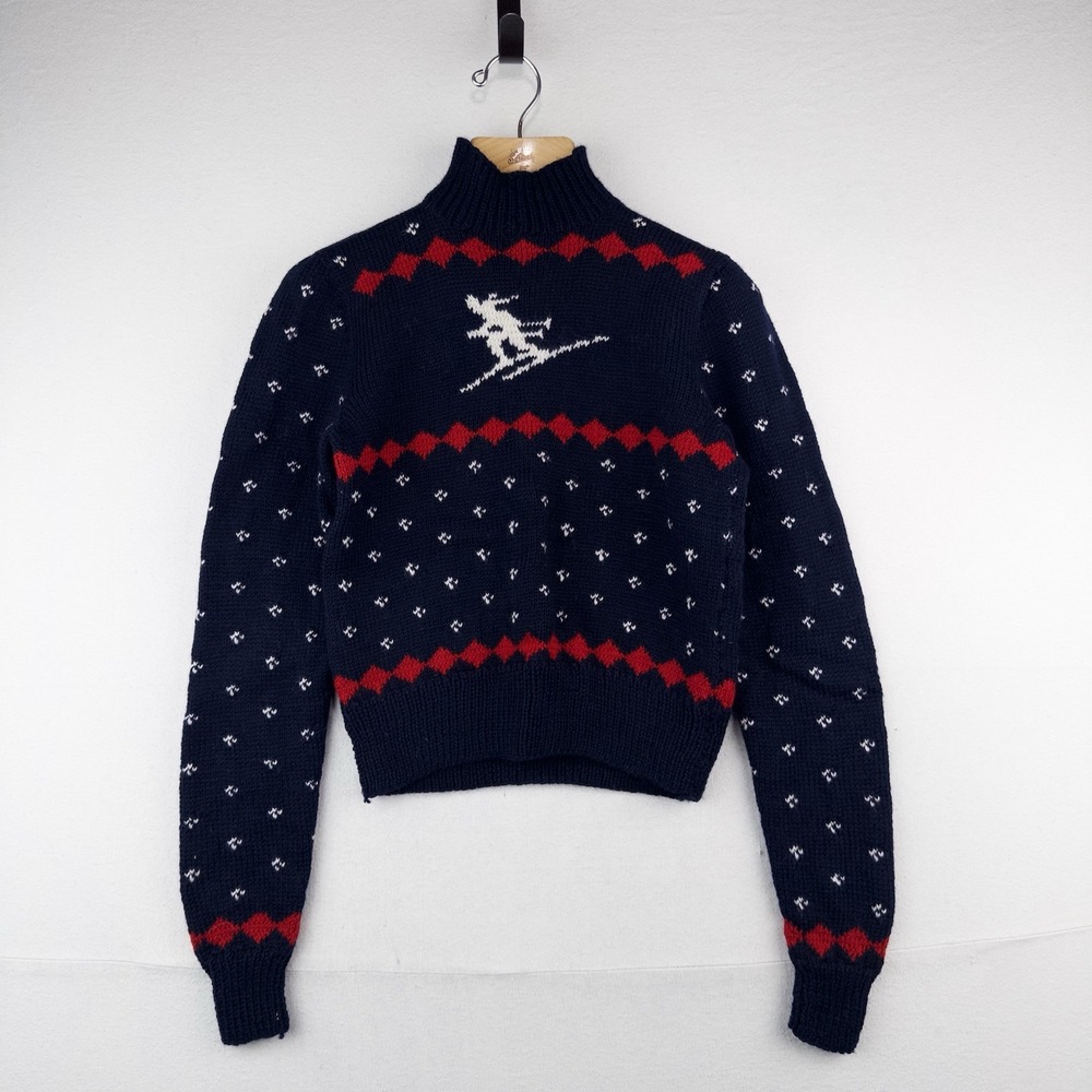 50's Vtg Hand Knit Apres Ski Sweater Skier Blue Red Birds Eye Women's S